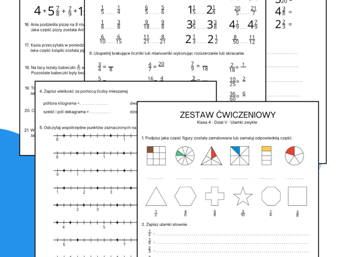 Zestaw powtórzeniowy. Karta pracy. Ułamki zwykłe. Klasa 4