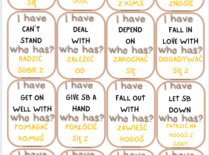 Phrasal Verbs do egzaminu ósmoklasisty, gra I have who has, E8