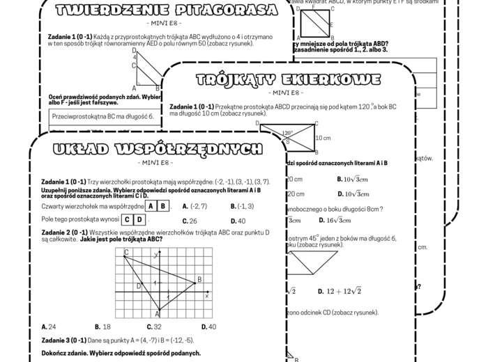 PAKIET Geometria - egzamin ósmoklasisty. Kąty, pola, twierdzenie Pitagorasa, trójkąty 30,60,60 i 45,45,90. Klasa 8. Klasa 7