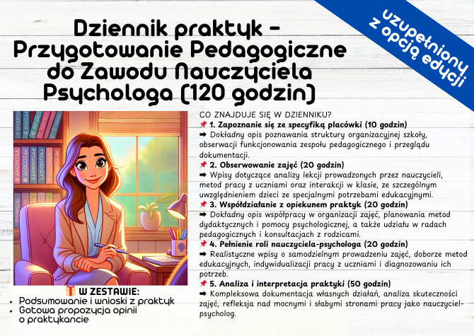 GOTOWY Dziennik praktyk - Przygotowanie Pedagogiczne do Zawodu Nauczyciela Psychologa (120 godzin)