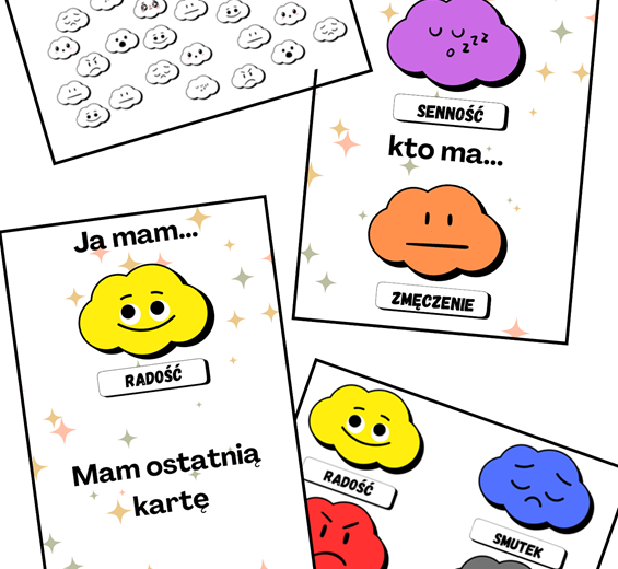 EMOCJE - pakiet: karty demonstracyjne 8 sztuk, gra "Ja mam, kto ma..." + instrukcja, kolorowanka "Pokoloruj emocje", karta pracy "Jak się dziś czuję"