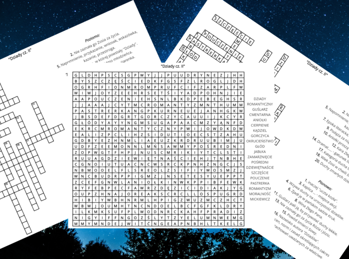 "DZIADY CZ. II" – krzyżówka, wykreślanka – lektury obowiązkowe kl.7-8