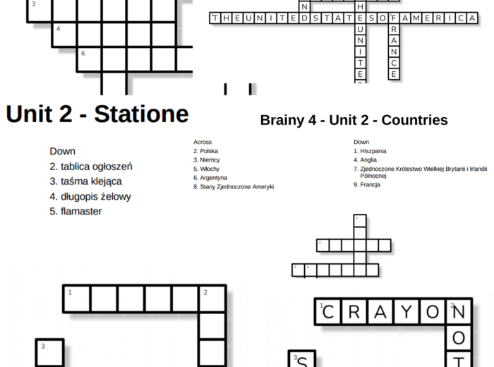 Brainy 4 – Unit 2 – krzyżówki – Adjectives describing people/Countries/Stationery/Useful!_In the playground