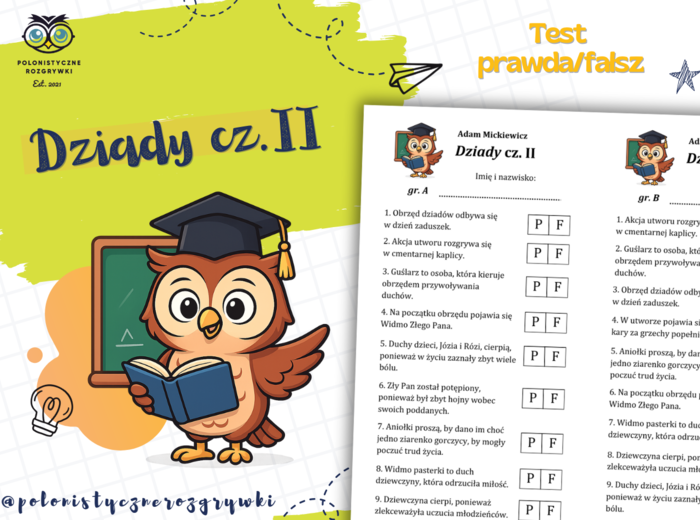Dziady cz. II. Test prawda/fałsz. Kartkówka z treści lektury. Lektura obowiązkowa