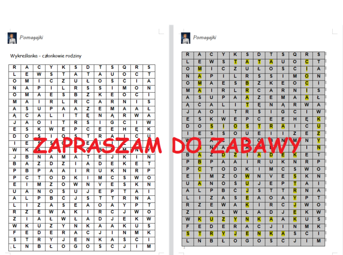 ♥♥Wykreślanka Dzień Rodziny, Dzień Mamy, Dzień Taty - członkowie rodziny