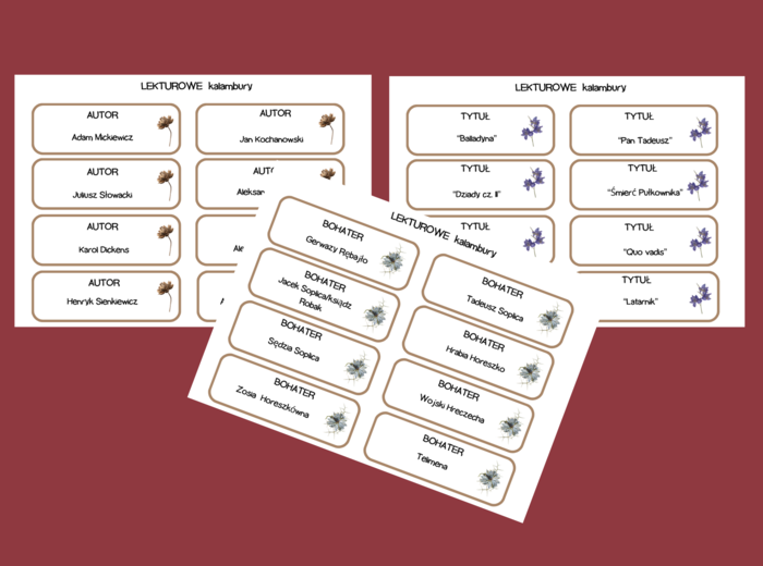 LEKTUROWE KALAMBURY - lektury kl. 7-8 - egzamin - powtórka - fiszki - 96 szt.