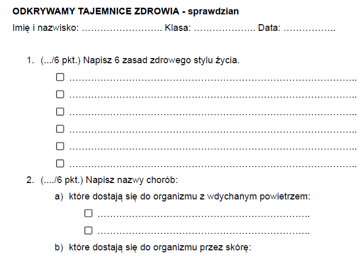Odkrywamy tajemnice zdrowia - sprawdzian