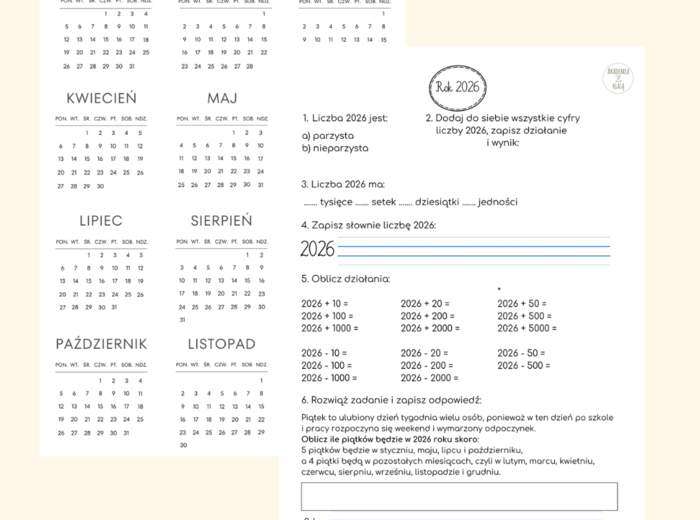 KALENDARZ NA 2026 ROK- ZADANIA DLA KLAS 2 i 3