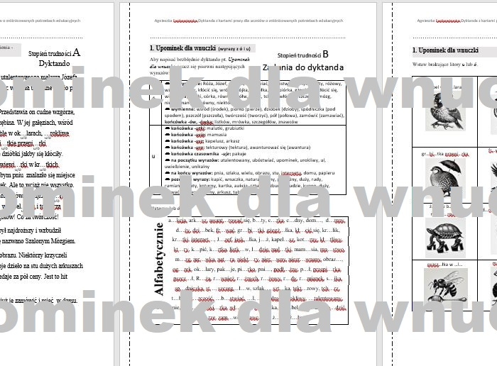 Dyktando ó/u "Upominek dla wnuczki" z zadaniami przygotowującymi - dla uczniów o zróżnicowanych potrzebach edukacyjnych