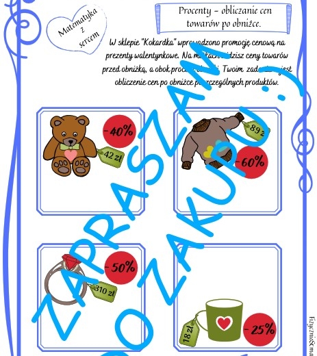 Karta pracy na Walentynki i nie tylko. Procenty - obliczanie cen towarów po obniżce.