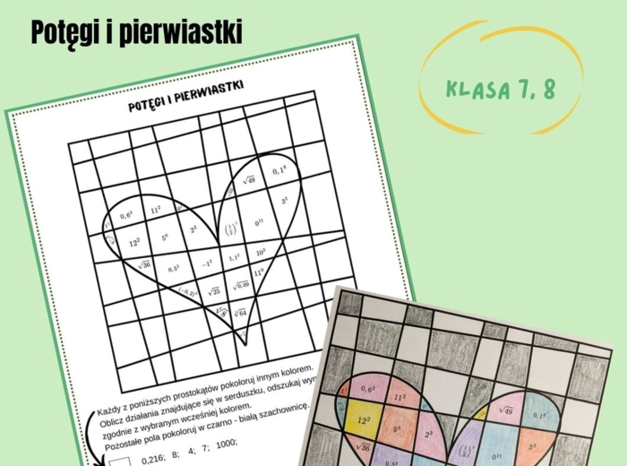 Potęgi i pierwiastki, karta pracy, rewalidacja, walentynki, klasa 7 - 8