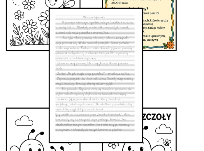 🐝 Miodowe tajemnice – kaligrafia na Dzień Pszczoły (7 stron) 🌼 Opowiadanie do pisania po śladzie + kolorowanki + edukacyjna wklejka