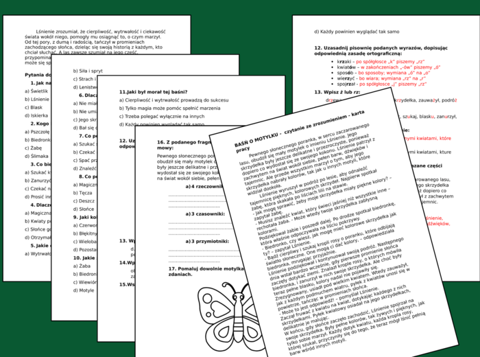 📚📝 BAŚŃ O MOTYLKU – wiosna – CZYTANIE ZE ZROZUMIENIEM – kl. 4 + odpowiedzi