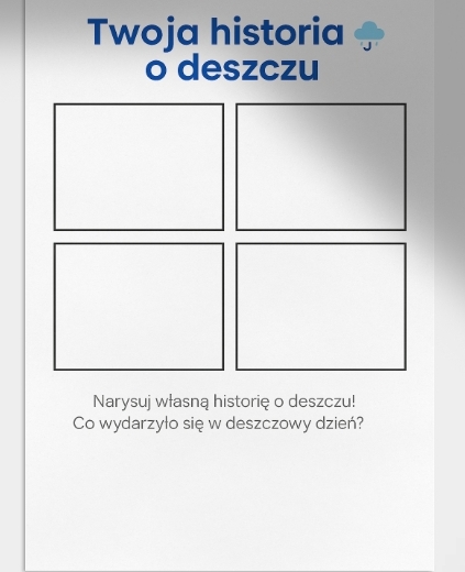 Karty pracy: kolorowanki z deszczem, parasolkami, dziećmi w kaloszach.