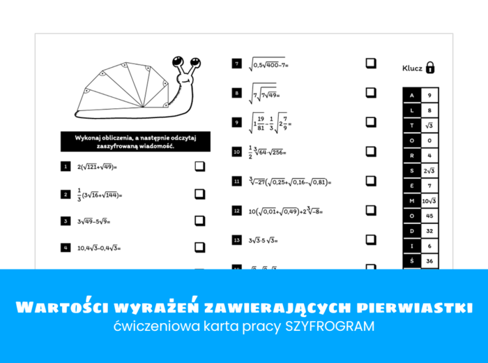 Matematyka. Klasa 8. Obliczanie wartości wyrażeń zawierających pierwiastki. Szyfrogram. Szkoła podstawowa