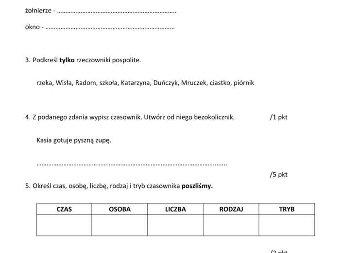 Sprawdzian z gramatyki - klasa 6