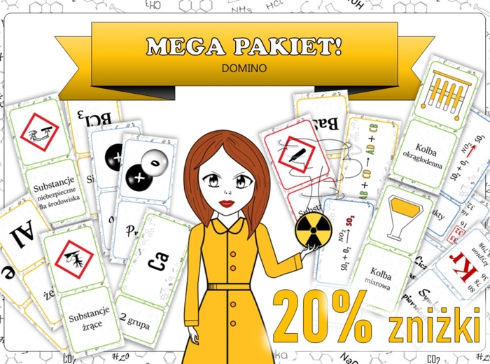 Klasa 7. Chemia. Gra dydaktyczna. Domino na każdą okazję od Pani Atomówki. MEGA PAKIET! MOC powtórki.