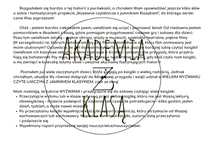 WYZWANIE CZYTELNICZE Z JAMNIKIEM KLASYKIEM na rok szkolny 2025/2026