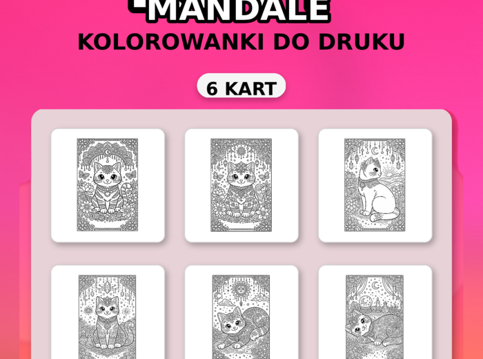 Dzień Kota: koty mandale – kolorowanki A4 (6 stron) – PDF