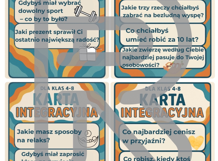 Karty integracyjne – zestaw 20 sztuk (73 pytania) (łamacz lodów)- TUS, rewalidacja, zajęcia rozwijające kompetencje emocjonalno-społeczne, godzina wychowawcza, psycholog, pedagog, terapia