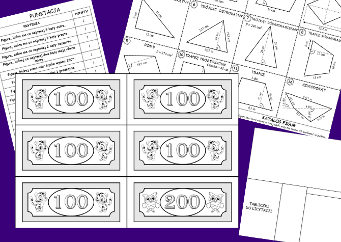LICYTACJA FIGUR - Trójkąty i Czworokąty. Pole, obwód, własności. GRA POWTÓRZENIOWA. kl. 5-8