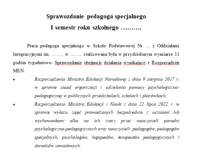 Sprawozdanie pedagoga specjalnego