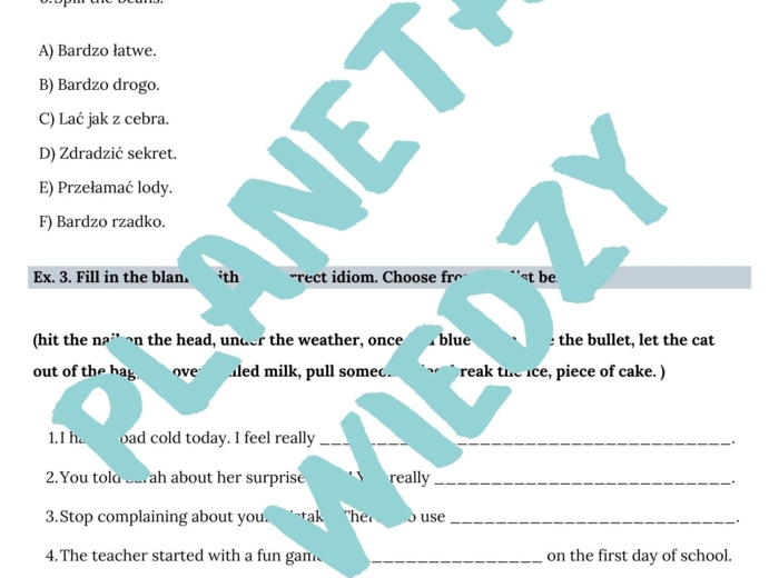 Najpopularniejsze angielskie idiomy – Karta pracy dla uczniów, Ćwiczenia zwrotów - język angielski, (poziom A2, szkoła podstawowa), PDF do druku