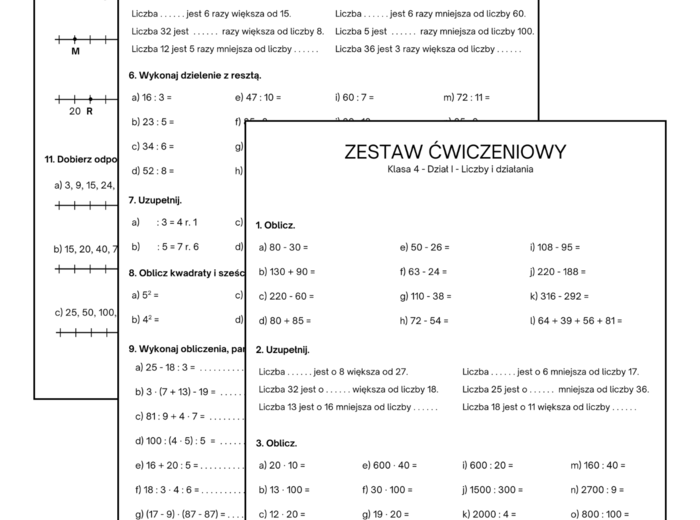 Zestaw ćwiczeniowy przed sprawdzianem - liczby i działania. Klasa 4. Dział I - GWO
