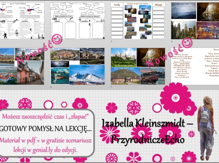 Pomysł na lekcję/karta pracy/stacje zadaniowe/notatki/ materiał do lekcji do tematu „Turystyczne atrakcje Czech i Słowacji” w pdf. W gratisie niekomercyjny scenariusz lekcji/pomysł na lekcję w programie genial.ly do edycji. Geografia 6. Dział „Sąsiedzi P