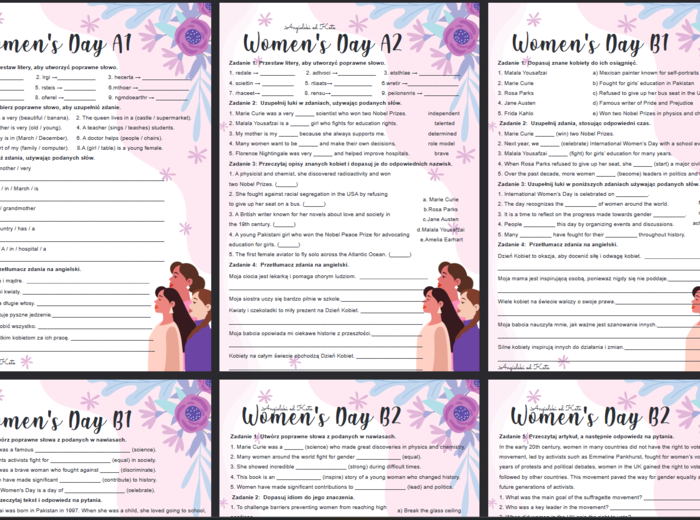 Women's Day (Dzień Kobiet) Worksheet Karty Pracy język angielski zestaw poziomy A1 – B2