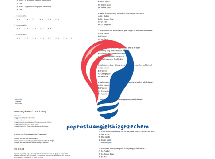 Bugs Team 2 – Unit 4 – karta pracy - choroby/części ciała - Peppa Pig's Sick Day