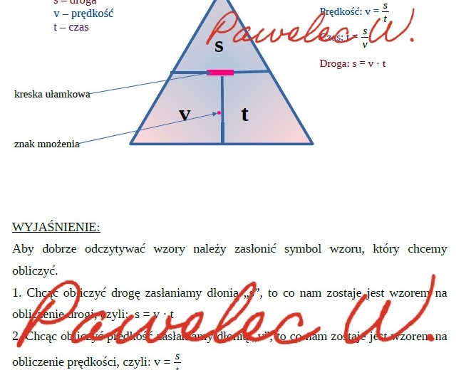 PRĘDKOŚĆ, DROGA, CZAS - plakat z wyjaśnieniem, wzór na obliczanie