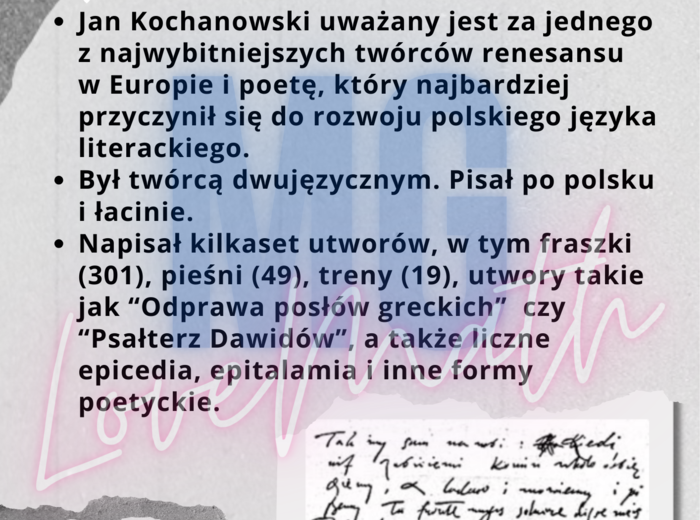 Narodowe czytanie 2025 - Jan Kochanowski - plakat, napisy, twórczość poety, dyplom, zakładki do książek