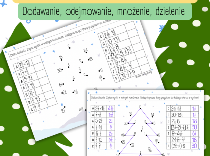 DZIAŁANIA NA UŁAMKACH ZWYKŁYCH - łączenie kropek / dodawanie / odejmowanie / mnożenie / dzielenie - ŚWIĘTA / BOŻE NARODZENIE
