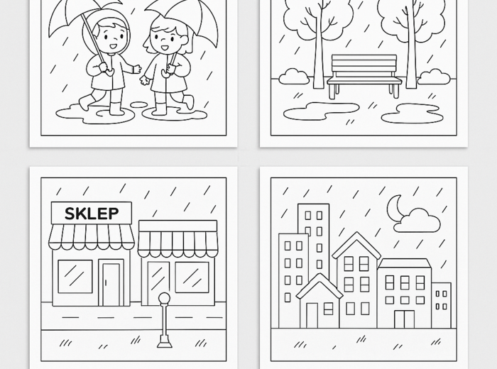 Kolorowanka „Deszczowe miasto”