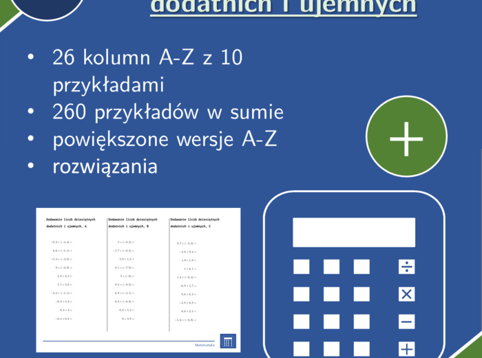 Dodawanie liczb dziesiętnych dodatnich i ujemnych | matematyka | 26 kolumn