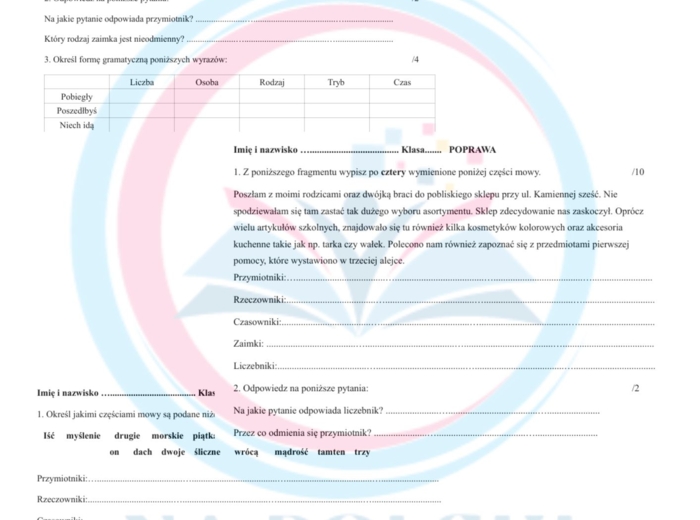 Kartkówka z odmiennych części mowy - Grupa A, B oraz poprawa