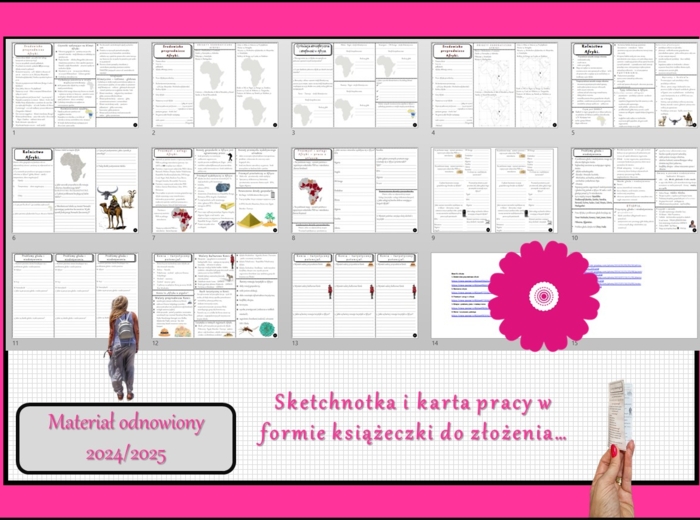 Zestaw sketchnotek i kart pracy + gratisowe linki do prezentacji multimedialnych niekomercyjnych wykonanych w genial.ly do indywidualnego pobrania i użycia do celów niekomercyjnych. Geografia 8, „Afryka”