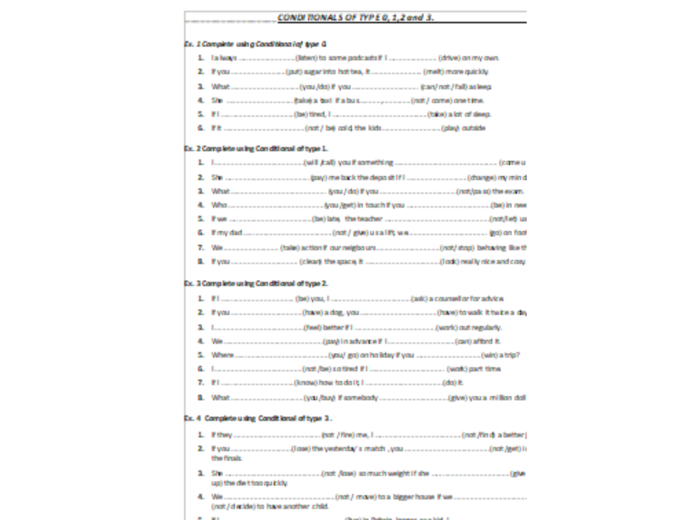 Conditionals of type 0,1,2 and 3.