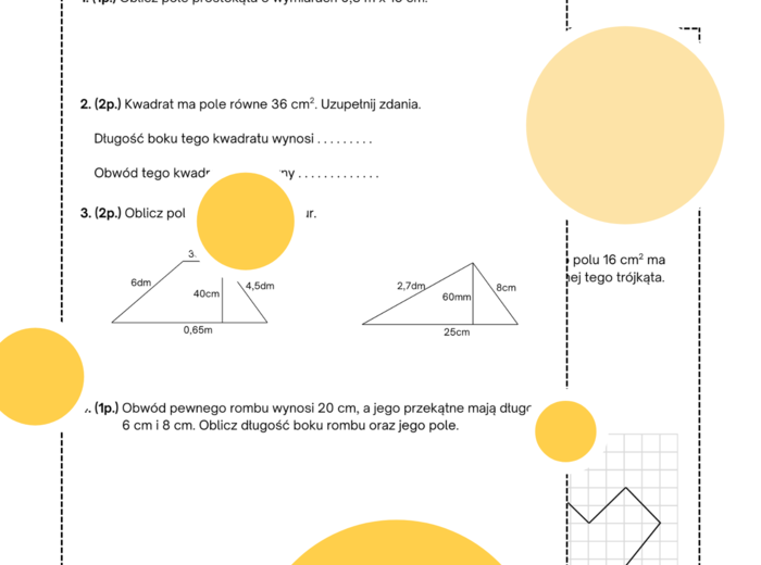 Kartkówka - pola figur. Pola wielokątów. Klasa 6