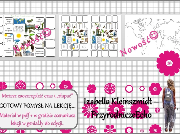 Pomysł na lekcję/karta pracy/stacje zadaniowe/notatki/ materiał do lekcji do tematu „Krajobraz śródziemnomorski” w pdf. W gratisie niekomercyjny scenariusz lekcji/pomysł na lekcję w programie genial.ly do edycji. Geografia 5. Dział „Krajobrazy świata”.