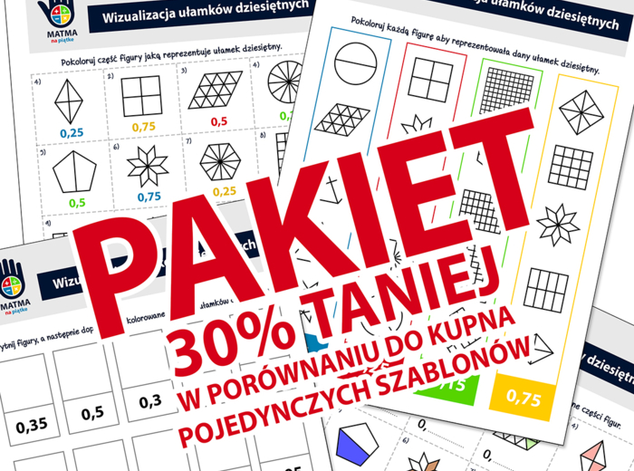 Ułamki dziesiętne - Zestaw materiałów / Pakiet 4x A4 - Szkoła Podstawowa - Klasa 4 / 5 - Klasa Czwarta / Piąta - Ułamek jako część całości - Karta pracy o ułamkach dziesiętnych - Powtórzenie ułamków - Kolorowanka Wycinanka z ułamkami dziesiętnymi - Wizua