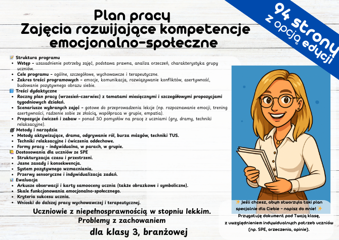 Plan pracy – Zajęcia rozwijające kompetencje emocjonalno-społeczne