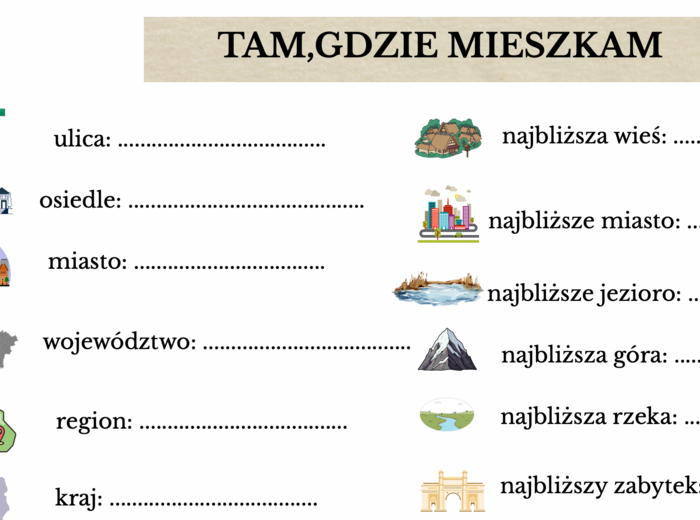 Tam, gdzie mieszkam - karta pracy wielka i mała litera