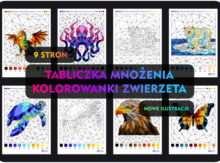 Kolorowanka według wyników mnożenia - VOL 2- (9 stron) poziom trudny, zestaw podstawowy na dzień tabliczki mnożenia, mnożenie 1-100, wielokrotności