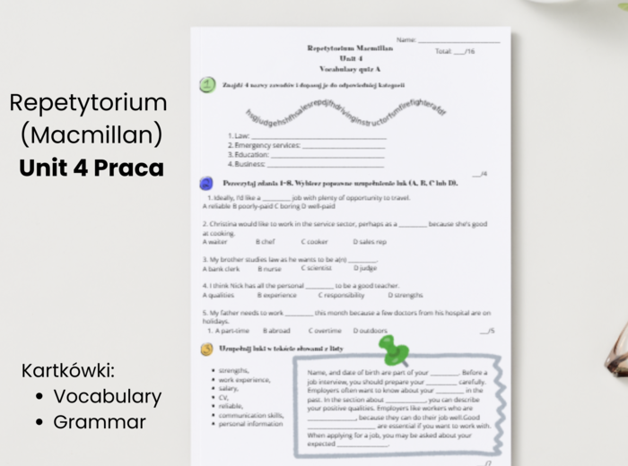 Zestaw kartkówek – Repetytorium Ósmoklasisty (Macmillan), Unit 4 Praca