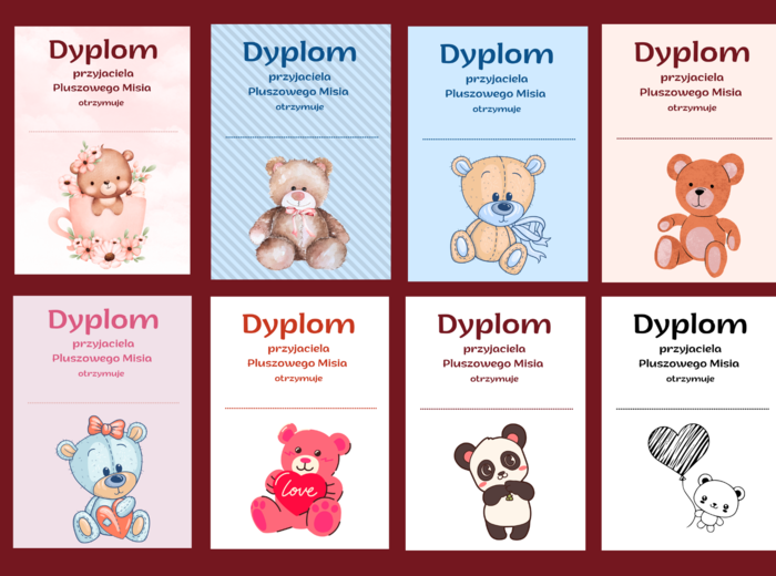 DZIEŃ PLUSZOWEGO MISIA - dyplomy - 15 wersji