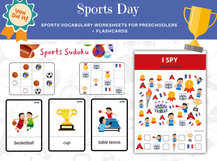 Sports Day, Olympic Games for preschoolers - karty pracy dla przedszkolaka, dzień sportu, igrzyska olimpijskie, sudoku, I spy, karty obrazkowe, flashcards, język angielski
