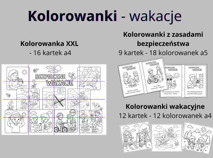 Wakacje - 30 kolorowanek dla dzieci - duża kolorowanka XXL, kolorowanki z zasadami bezpieczeństwa