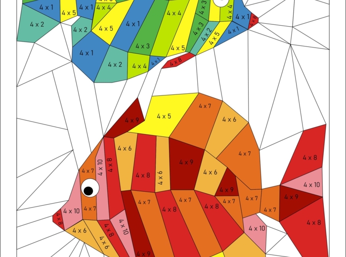 Tabliczka mnożenia, mnożenie przez 4, wielokrotności, kolorowanka rybki